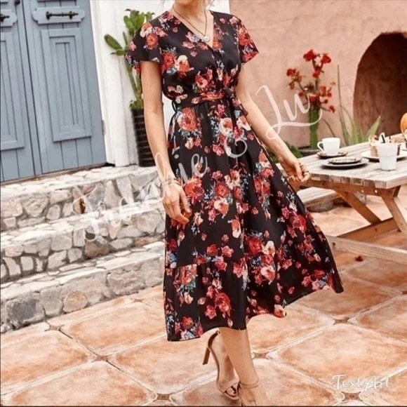Black Floral Midi Dress Wrap Style Short Sleeve Boho Chic NWT - Picture 1 of 3